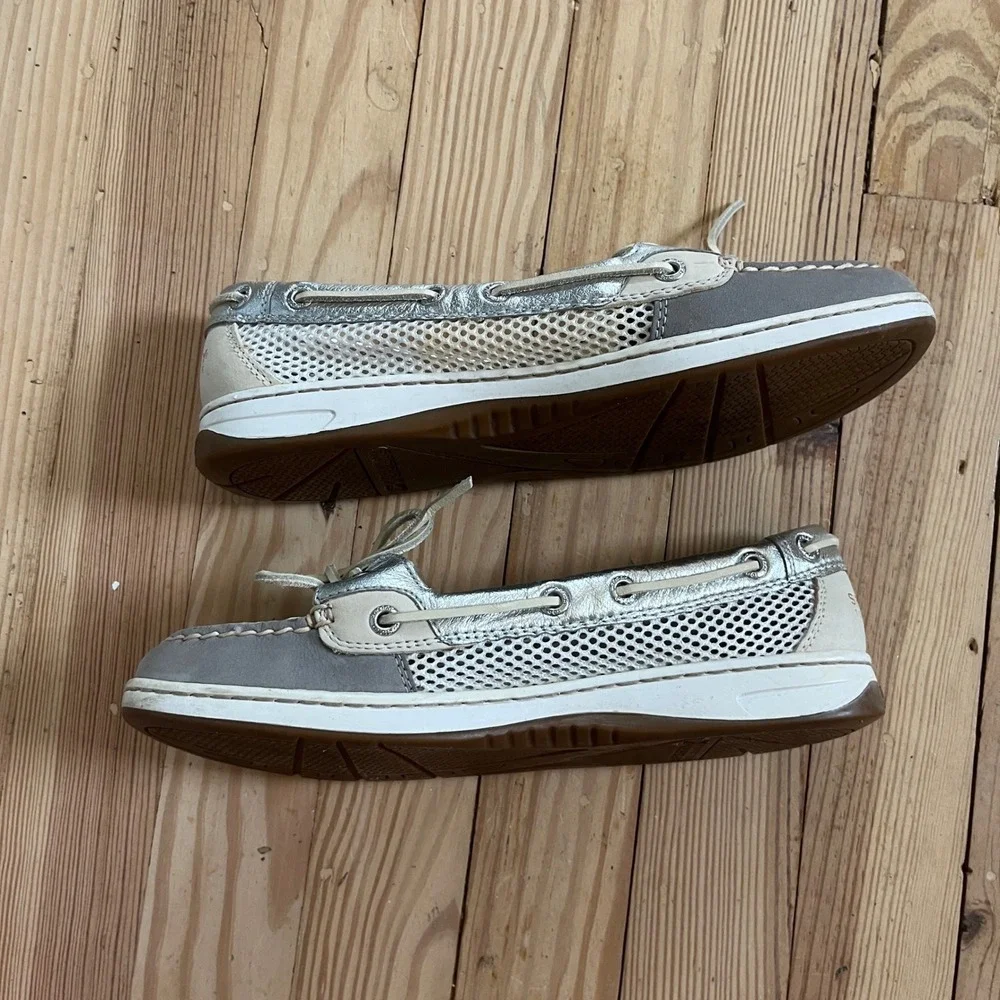 Sperry Top-Sider Womens 8M Silver Tan Mesh Boat Shoes Metallic Loafers 9102765